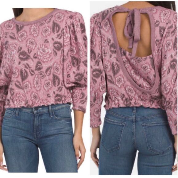 FREE PEOPLE No Ordinary Top Floral Jacquard Puff Sleeve Open Back Crop Sweater - Picture 4 of 9